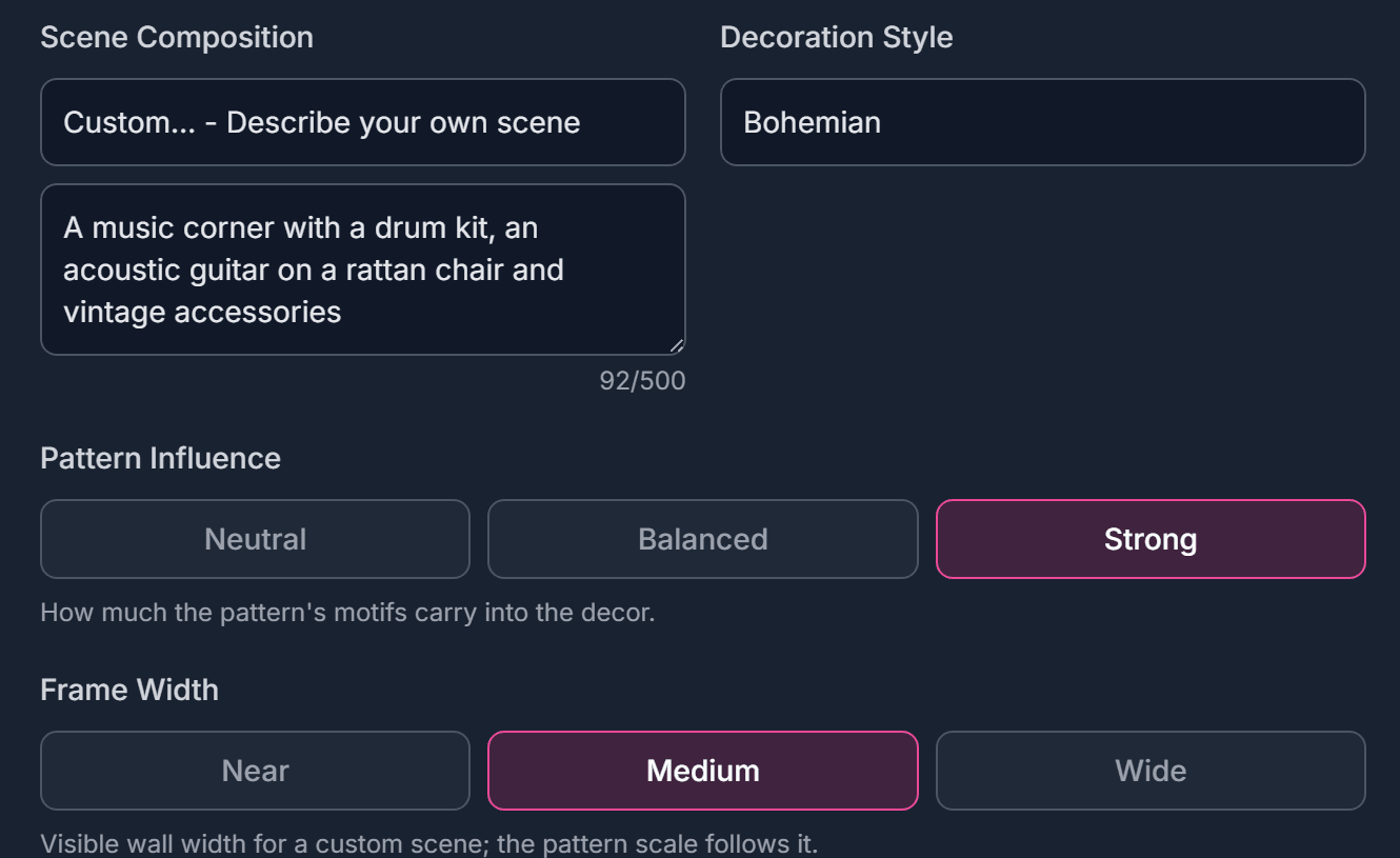 Close-up settings with a custom scene description and the Frame Width control