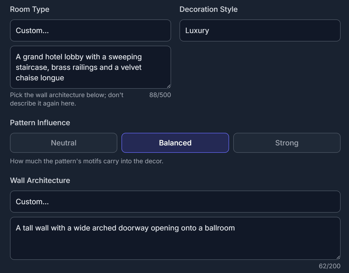 The settings panel with Custom… selected for Room Type and Wall Architecture, each with a text box