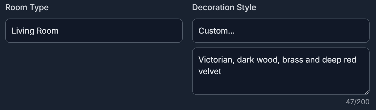 Decoration Style set to Custom… with the text “Victorian, dark wood, brass and deep red velvet”