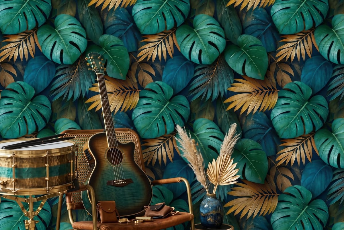 A close-up of a music corner with a drum, an acoustic guitar on a rattan chair and a tropical leaf wallpaper
