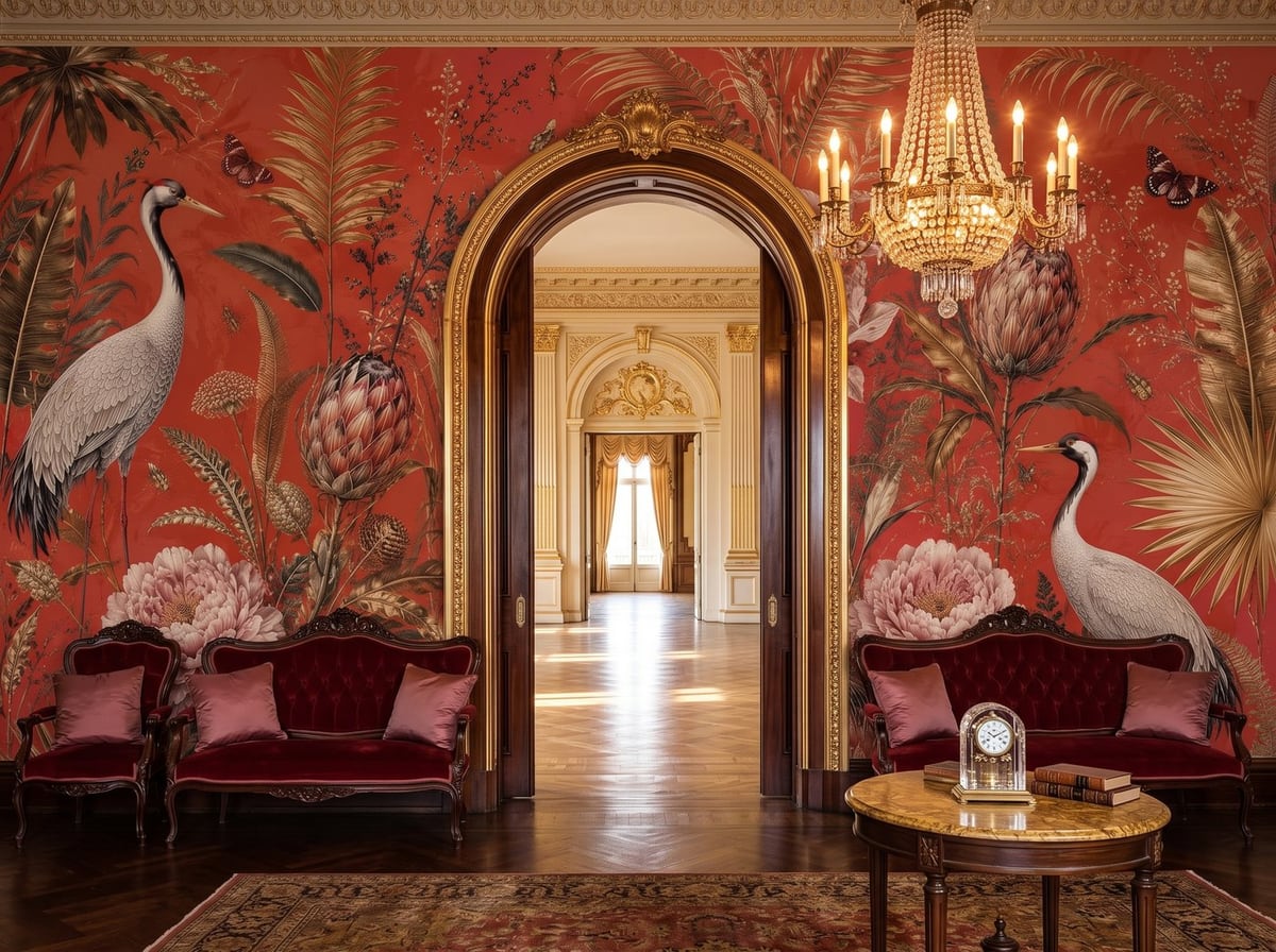 A red crane-and-botanical wallpaper on a wall with a gilded arched doorway opening onto a ballroom