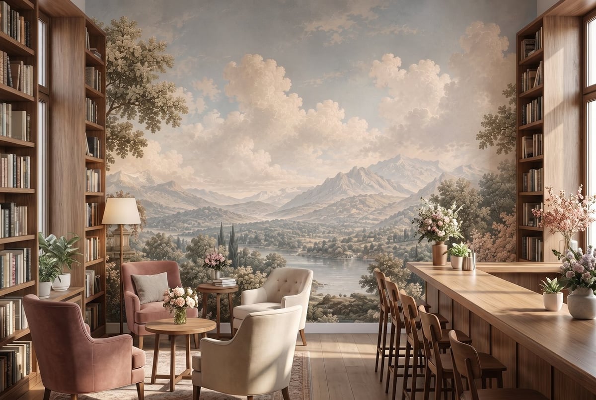 A bookshop café with wooden shelves, armchairs and a bar counter in front of a landscape mural