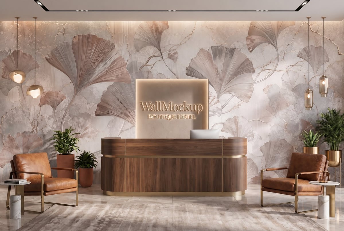 A boutique hotel reception with a curved walnut desk, a lit logo wall and a large ginkgo-leaf wallpaper