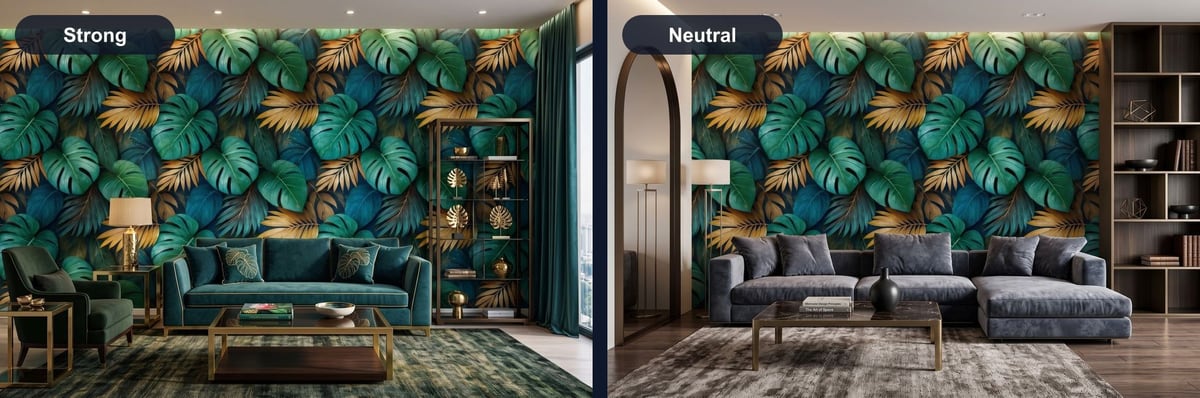 Two living rooms with the same tropical leaf wallpaper: Strong on the left with leaf-embroidered cushions and gold leaf ornaments, Neutral on the right with a plain grey sofa