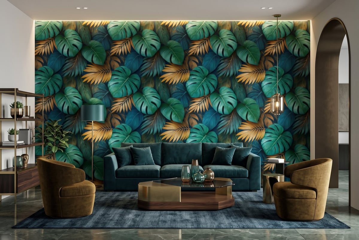 A living room with the tropical leaf wallpaper, a teal sofa and glass vases in the pattern’s colours